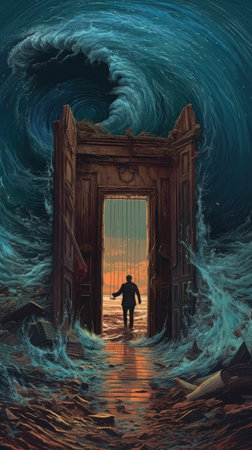 A man stands at the end of a door in the ocean.の素材