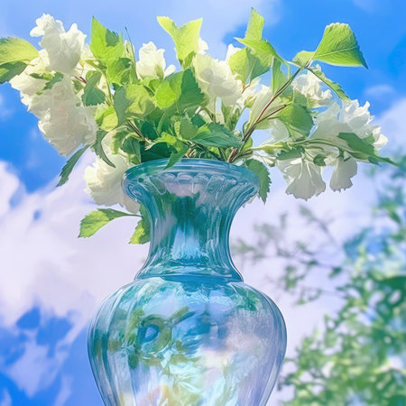 Bouquet of jasmine in vase on blue sky background