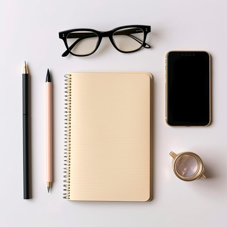 Top view of office desk table with blank notepad, smartphone, glasses and coffee cup.の素材