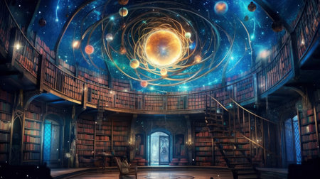 Interior of an old library with books and planets in the skyの素材