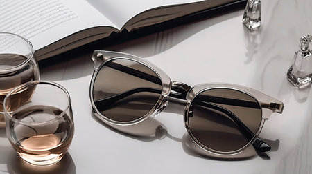 Sunglasses and book on a white table, close-upの素材