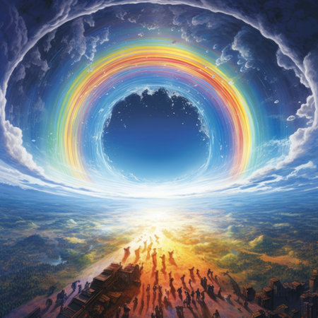 Fantasy landscape with people and rainbow in the sky. 3D renderingの素材
