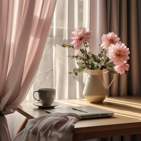 Wooden table with laptop, cup of coffee and flowers on window backgroundの素材