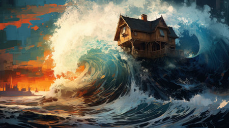 Surreal painting. House on the background of the big wave.の素材