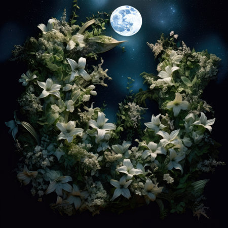 Beautiful flowers in full moon night background. Floral composition.の素材