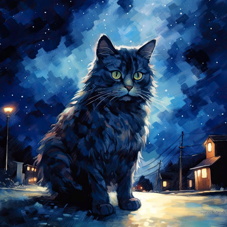 Siberian cat on the street at night. Digital painting.の素材