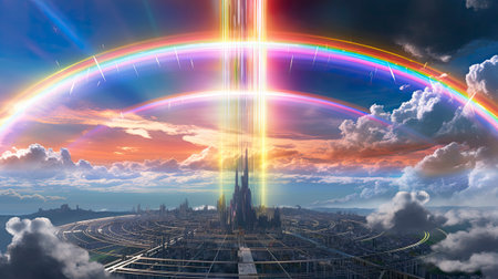 3D rendering of a futuristic city with a rainbow in the skyの素材