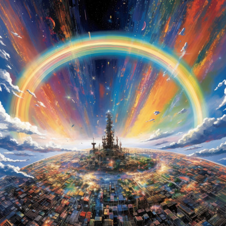 Conceptual image of a world globe with a colorful rainbow in the skyの素材