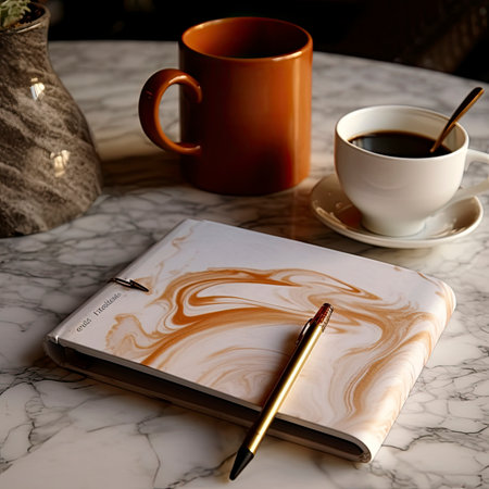 Notebook with pen and cup of coffeele table, stock photoの素材