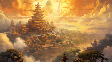 Fantasy landscape with pagodas in the clouds. 3D renderingの素材