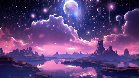 Fantasy landscape with mountains and moon in the sky. 3d renderingの素材