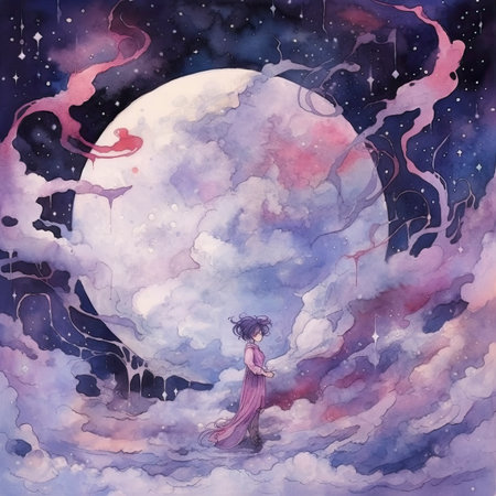 Beautiful girl in a night sky with full moon. Watercolor illustration.の素材