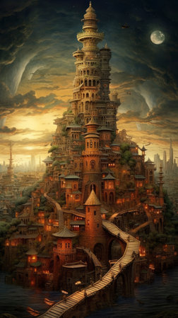 Fantasy Landscape with Big Tower in the middle of the cityの素材