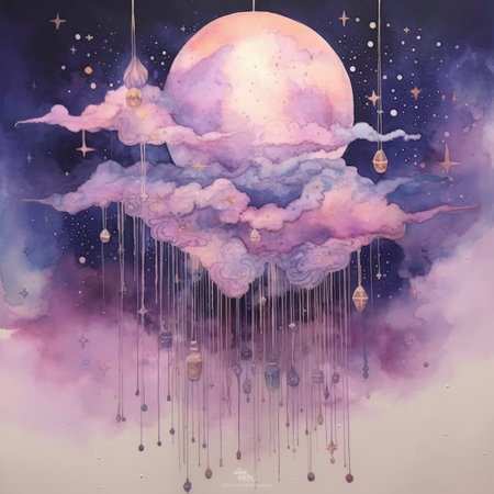 Hanging clouds in the night sky with moon and stars. Watercolor illustration.の素材