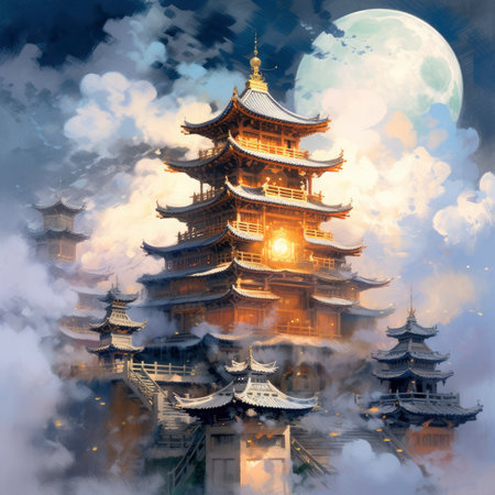 Chinese pagoda in the clouds at night with full moon background.の素材