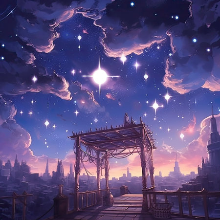 Fantasy landscape with a gazebo on the background of the night cityの素材