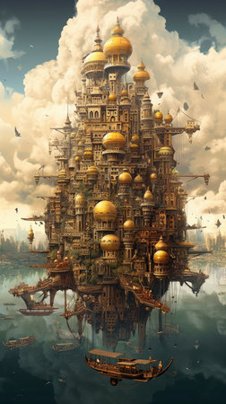 Fantasy Landscape of Hindu Temple in the clouds. 3D Renderingの素材