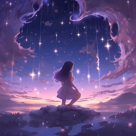 Beautiful girl in night sky with stars and clouds. Vector illustration.の素材