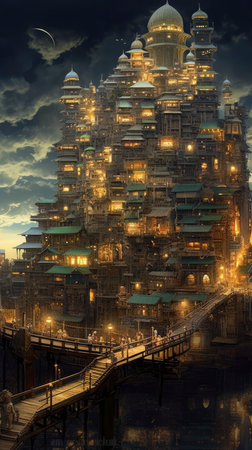 3D rendering of a futuristic city in the middle of the nightの素材