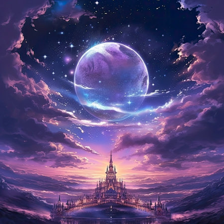 Fantasy landscape with a temple and a moon in the sky.の素材