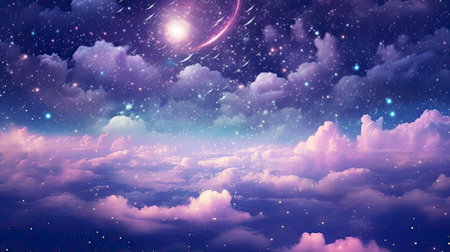 Night sky with clouds and stars. 3d rendering. Computer digital drawing.の素材
