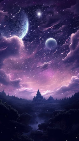 Mystical landscape with temple and moon. 3D illustration.の素材