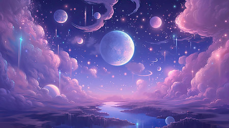 Night landscape with full moon, clouds and stars. Vector illustration.の素材