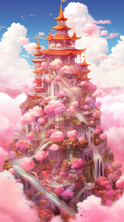 Pagoda in the clouds. 3D rendered Illustration.の素材