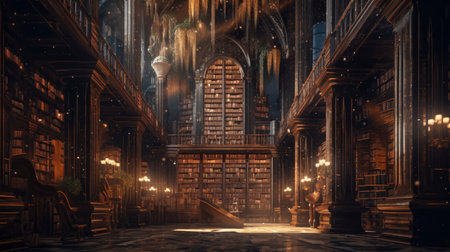 Fantasy illustration of an old library at night. 3D renderingの素材