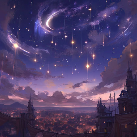 Fantasy night cityscape with starry sky and constellationsの素材