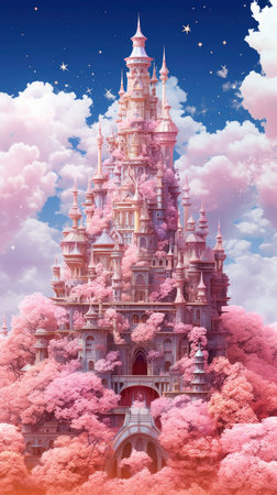 Beautiful pink temple in the sky, 3d rendering. Computer digital drawing.の素材