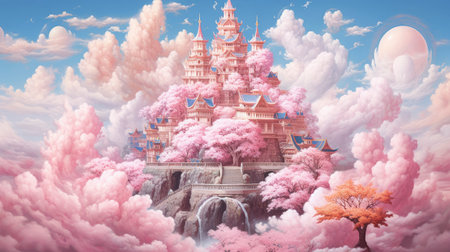 Fantasy landscape with pagoda in the clouds. 3D renderingの素材
