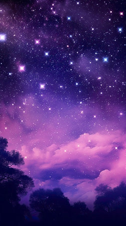Purple night sky background with stars and nebula. Vector illustration.の素材