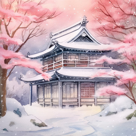 Watercolor winter landscape with traditional Japanese architecture and snow covered trees.の素材