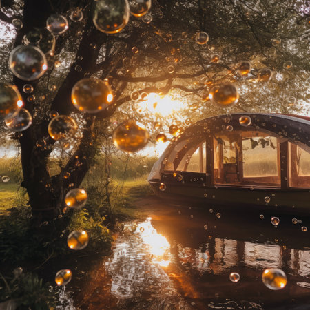 Boat floating on the water in the park with a lot of bubblesの素材