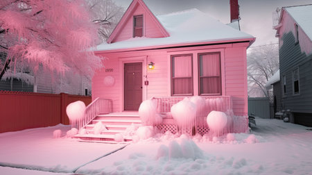 3D rendering of a pink house in winter with snow and iciclesの素材