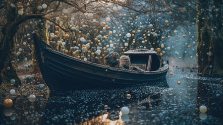 Boat in the forest with bubbles in the water. Winter.の素材