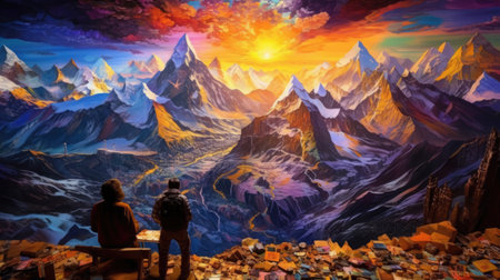 Mountain landscape with a tourist on the background of the sunset.の素材