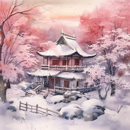 Winter landscape with traditional japanese house. Digital watercolor paintingの素材