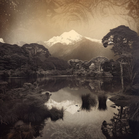 Beautiful autumn landscape with lake and mountains in the background. Toned.の素材