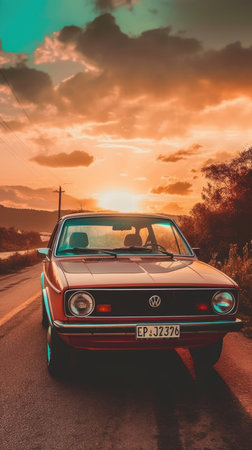Vintage american car on the road at sunset, retro styleの素材