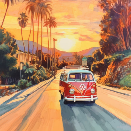 Illustration of a vintage car on the road in the mountains.の素材