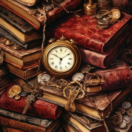 Vintage antique pocket watch and old books on a dark background.の素材