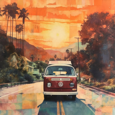 Vintage camper van on the road at sunset. Digital painting.の素材