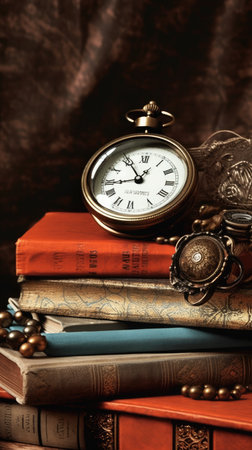 Vintage books and antique pocket watch on a dark background. Retro style.の素材
