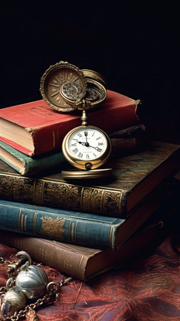 Vintage books and antique pocket watch on a dark background. Retro style.の素材