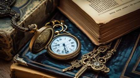 Vintage pocket watch and old book on wooden background. Time conceptの素材