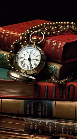 Vintage pocket watch on a stack of old books, still lifeの素材