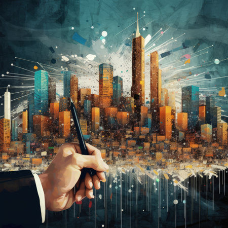 Close up of human hand drawing urban landscape with buildings and skyscrapersの素材