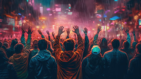 Crowd of people with raised hands in front of a concert stageの素材